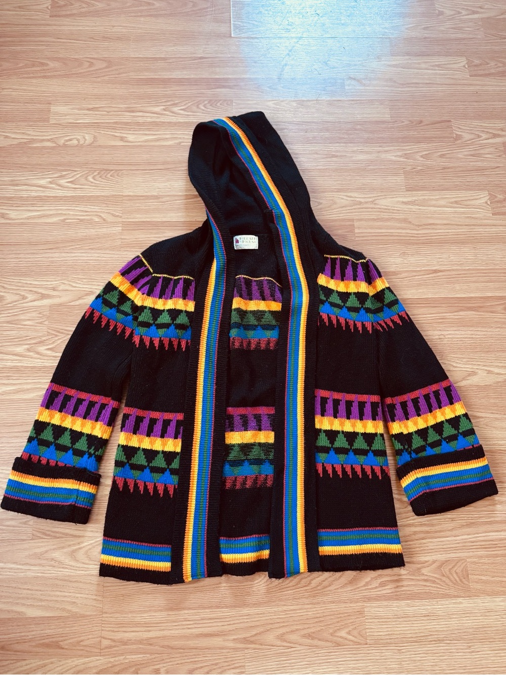 Vintage 70s Hooded Chunky Knit Boho Rainbow Stripe Black Sweater Cardigan M